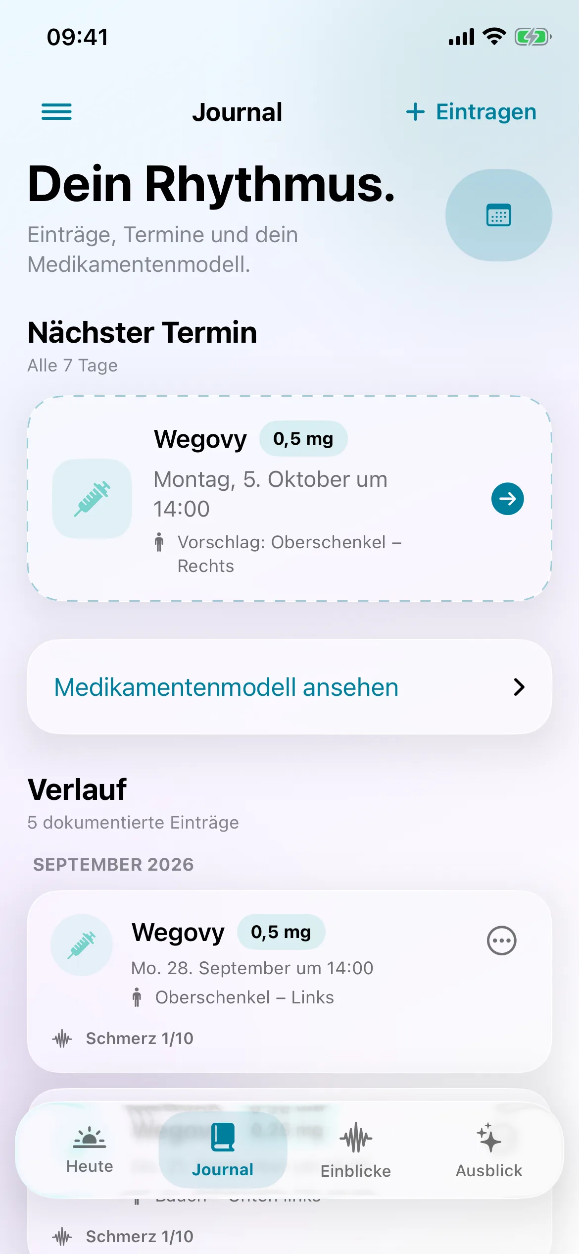 Dosevoy Journal mit dokumentierten Spritzen und geplantem nächsten Termin
