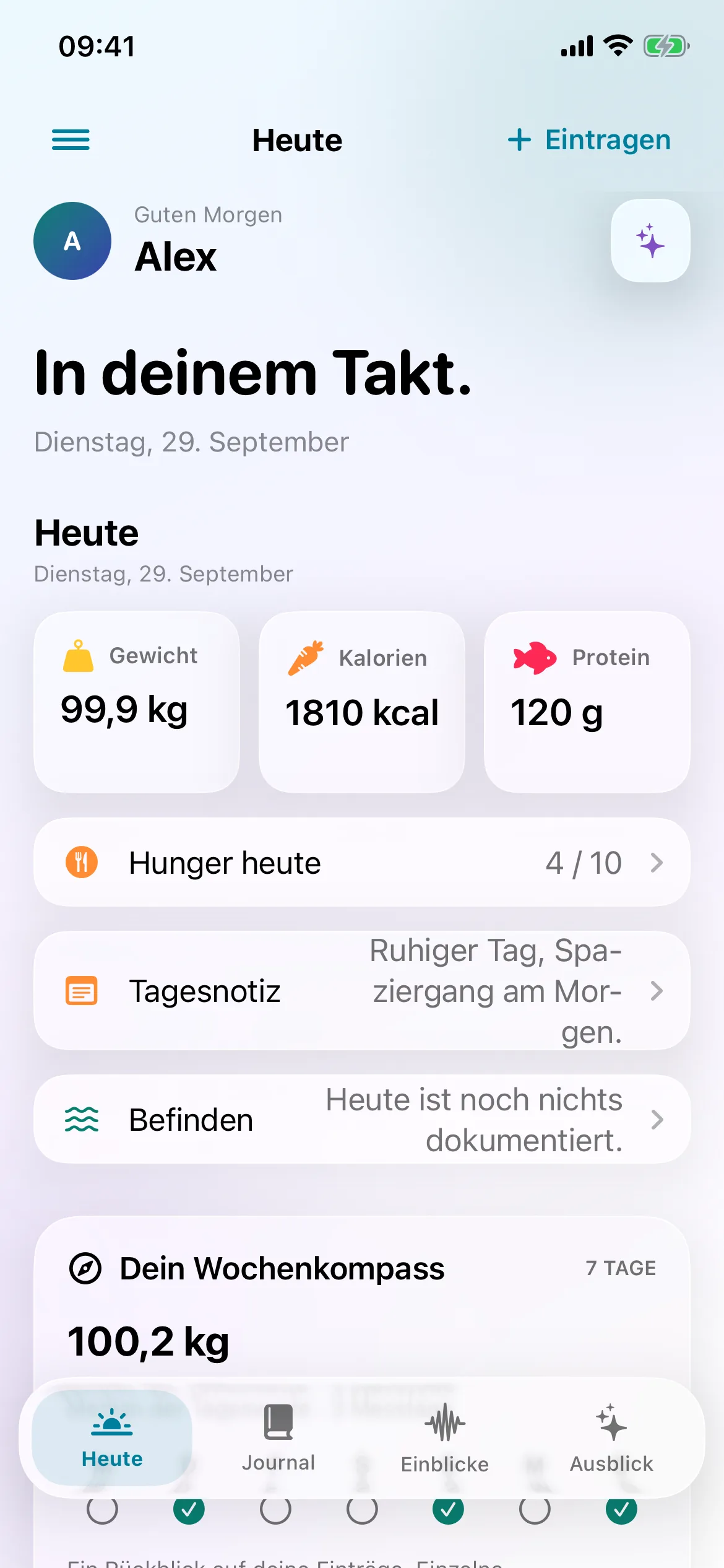 Dosevoy Startansicht mit Tagesüberblick, Spritzenjournal und nächsten Schritten