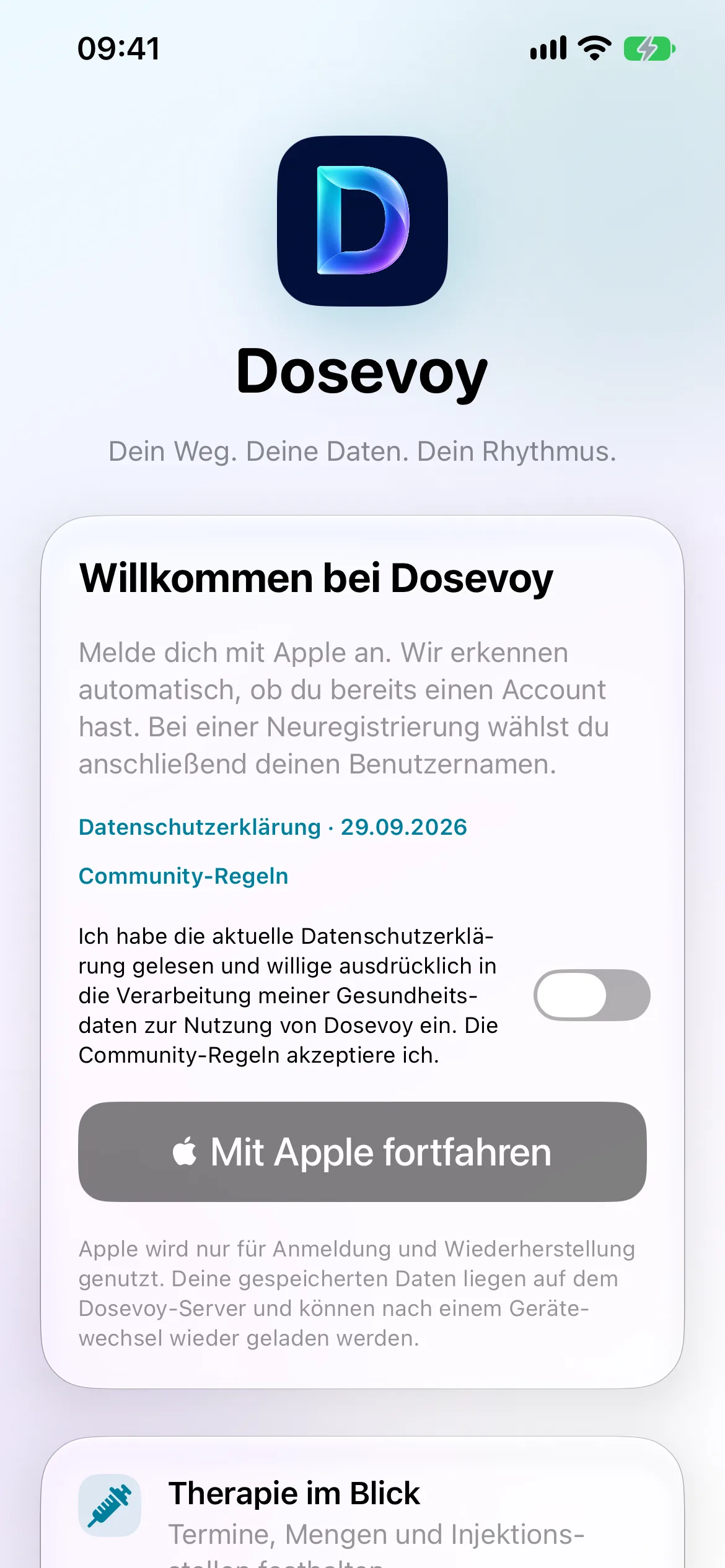 Dosevoy Anmeldebildschirm mit Apple Anmeldung und Datenschutz Zustimmung